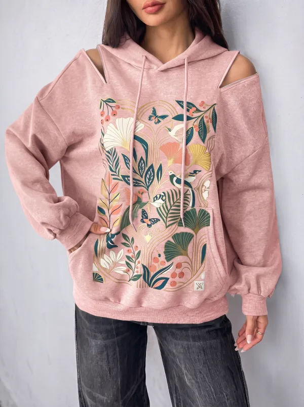 Women's Botanical Butterfly Art Nouveau Printed Cold Shoulder Hoodie