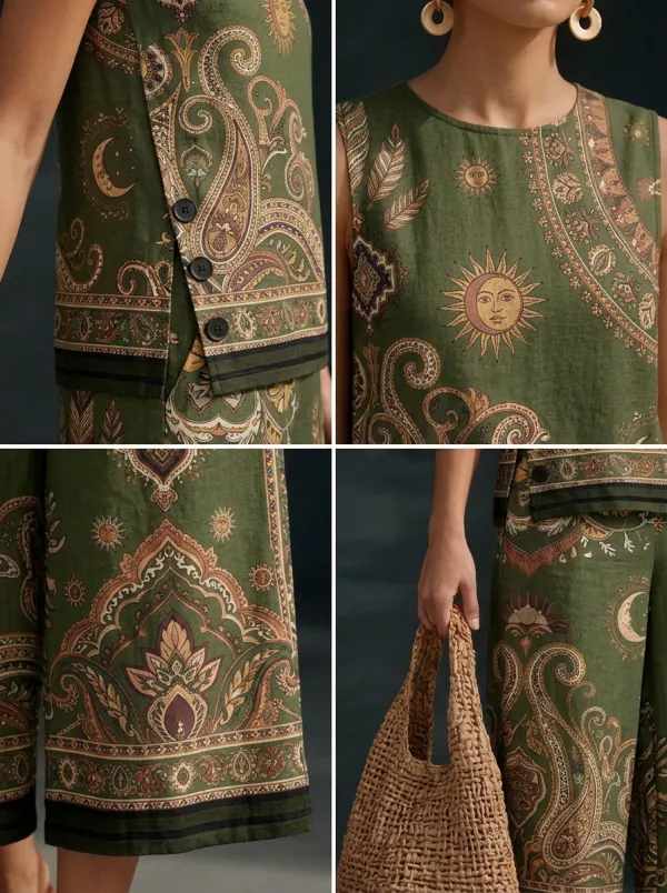 Women's Boho Sun Moon Paisley Printed Sleeveless Set
