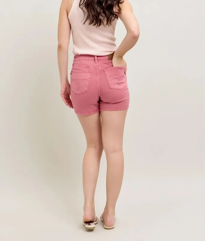 Pink Embroidered Pocket Denim Shorts