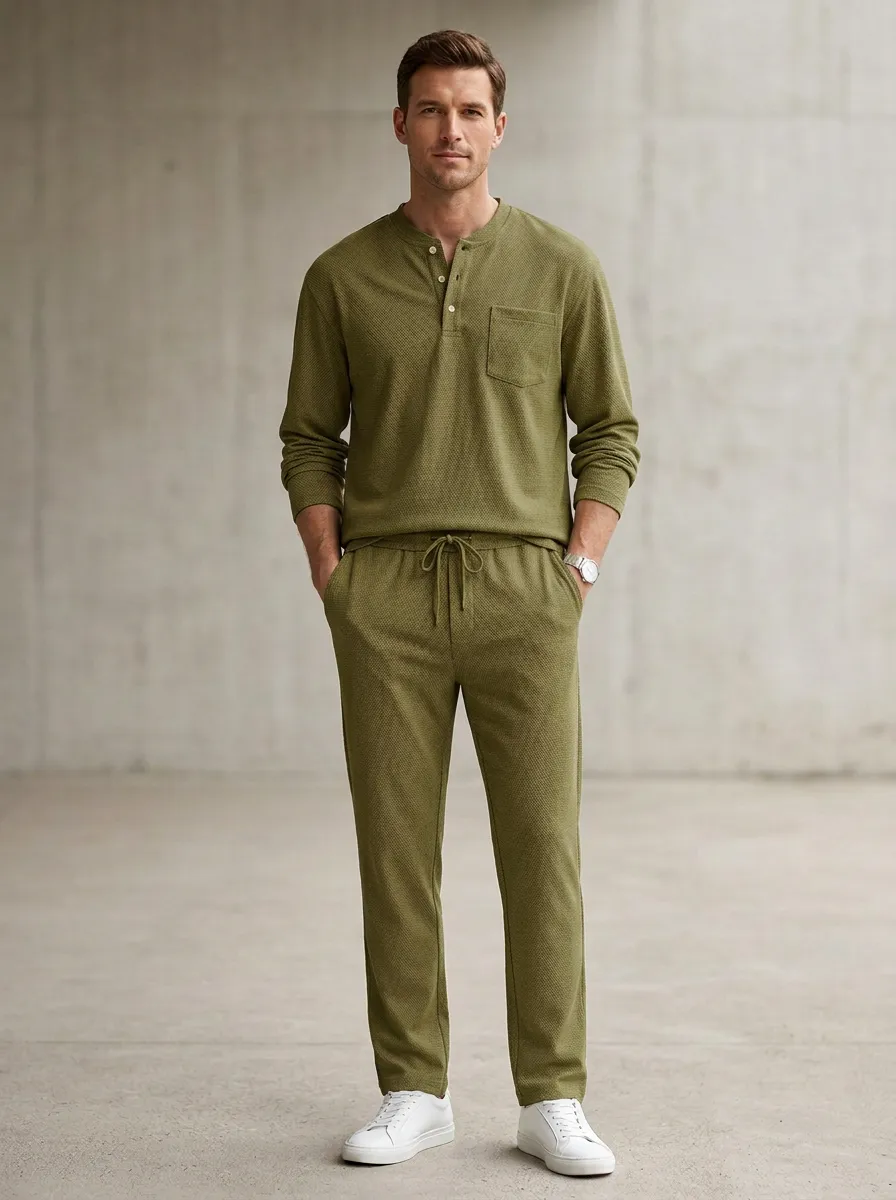 Modern Waffle Knit Henley Essential Men's Long Sleeve Top and Pants Two Piece Set
