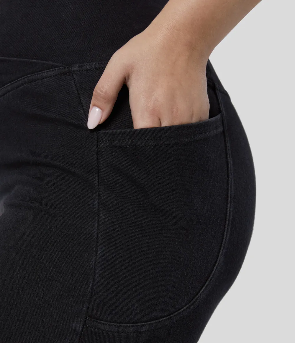 Magic Crossover Side Pocket Washed Stretchy Knit Denim Work Plus Size Leggings