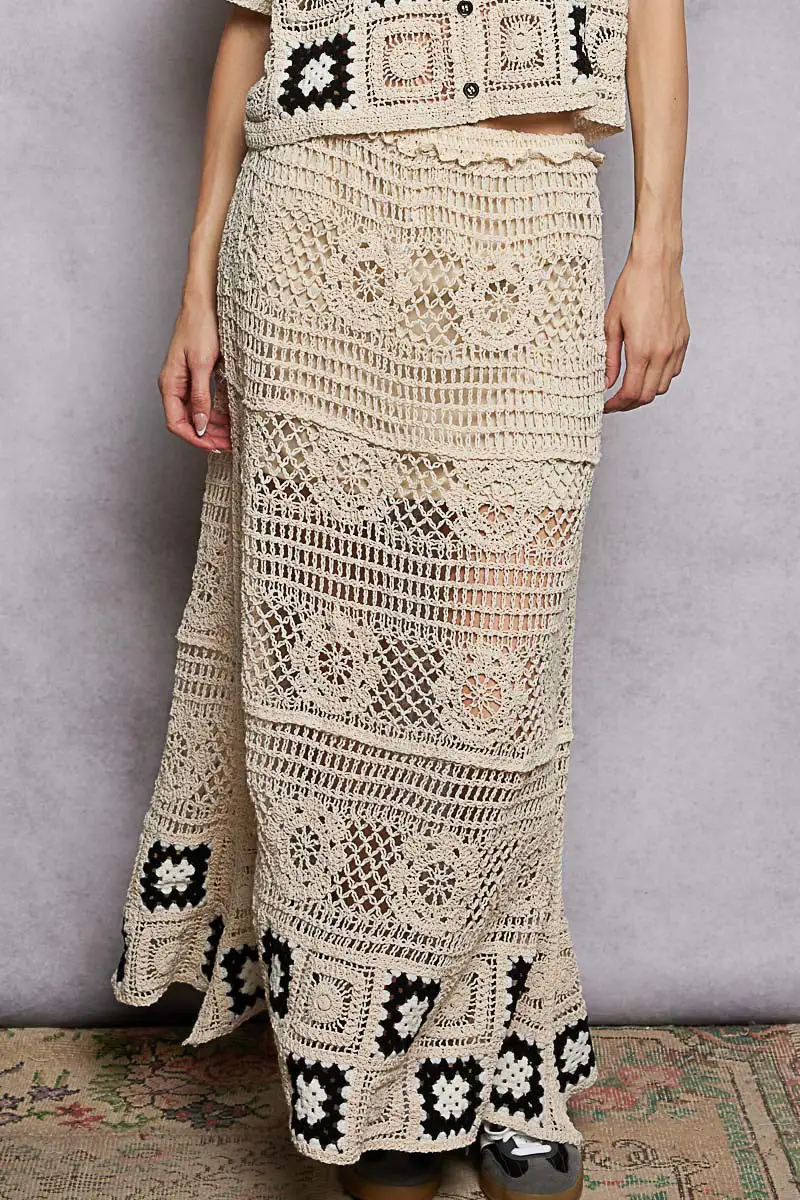 Floral Crochet Ruffled Waistband Maxi Skirt with Granny Square Weave