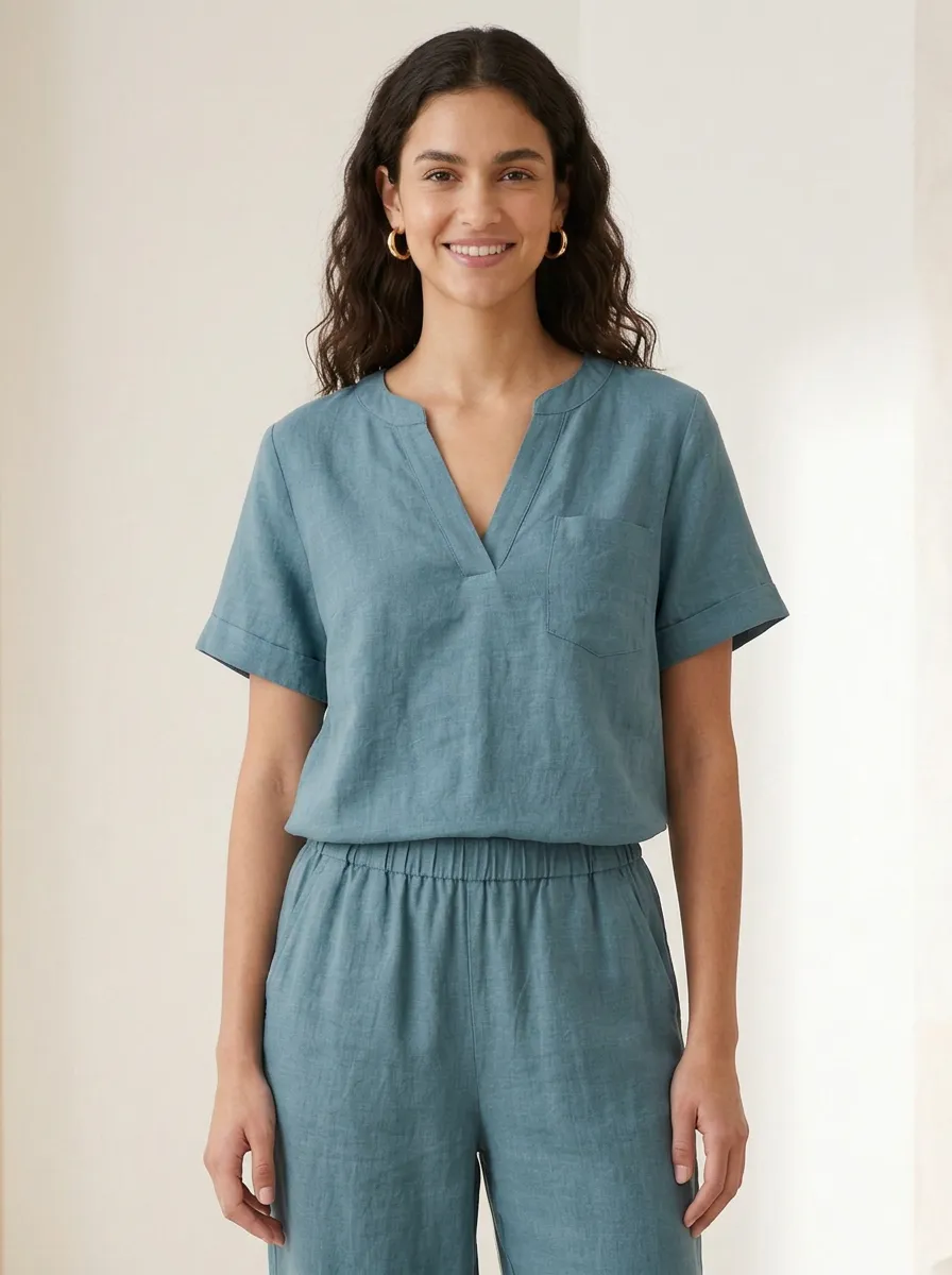 Pocket Short-Sleeve Linen-Blend Women's V-Neck Casual Lounge Set
