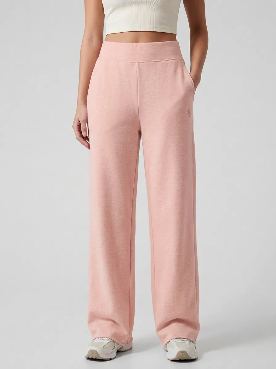 Women's Minimalist Rose Embroidered Beige Printed Sweatpants