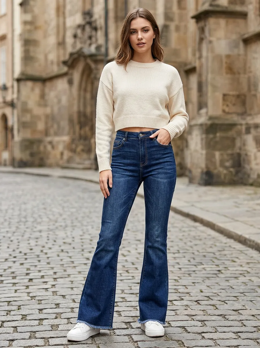 Women's High-Waisted Raw Hem Flared Denim Jeans
