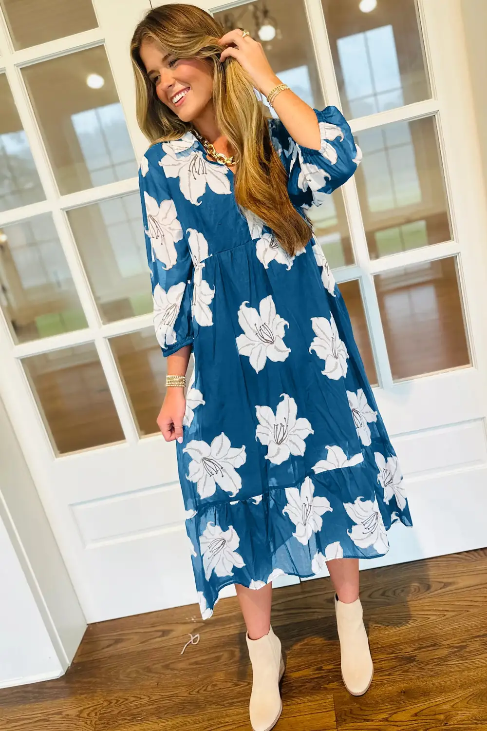 Polished Detail Floral Printed V Neck Midi Dress