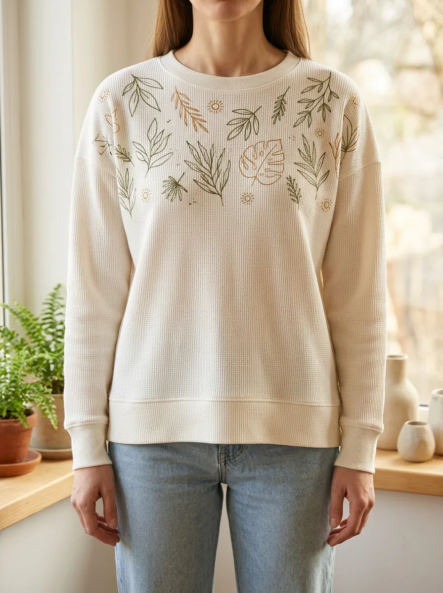 Women's Botanical Nature Lover Leaf Printed Waffle Knit Sweatshirt