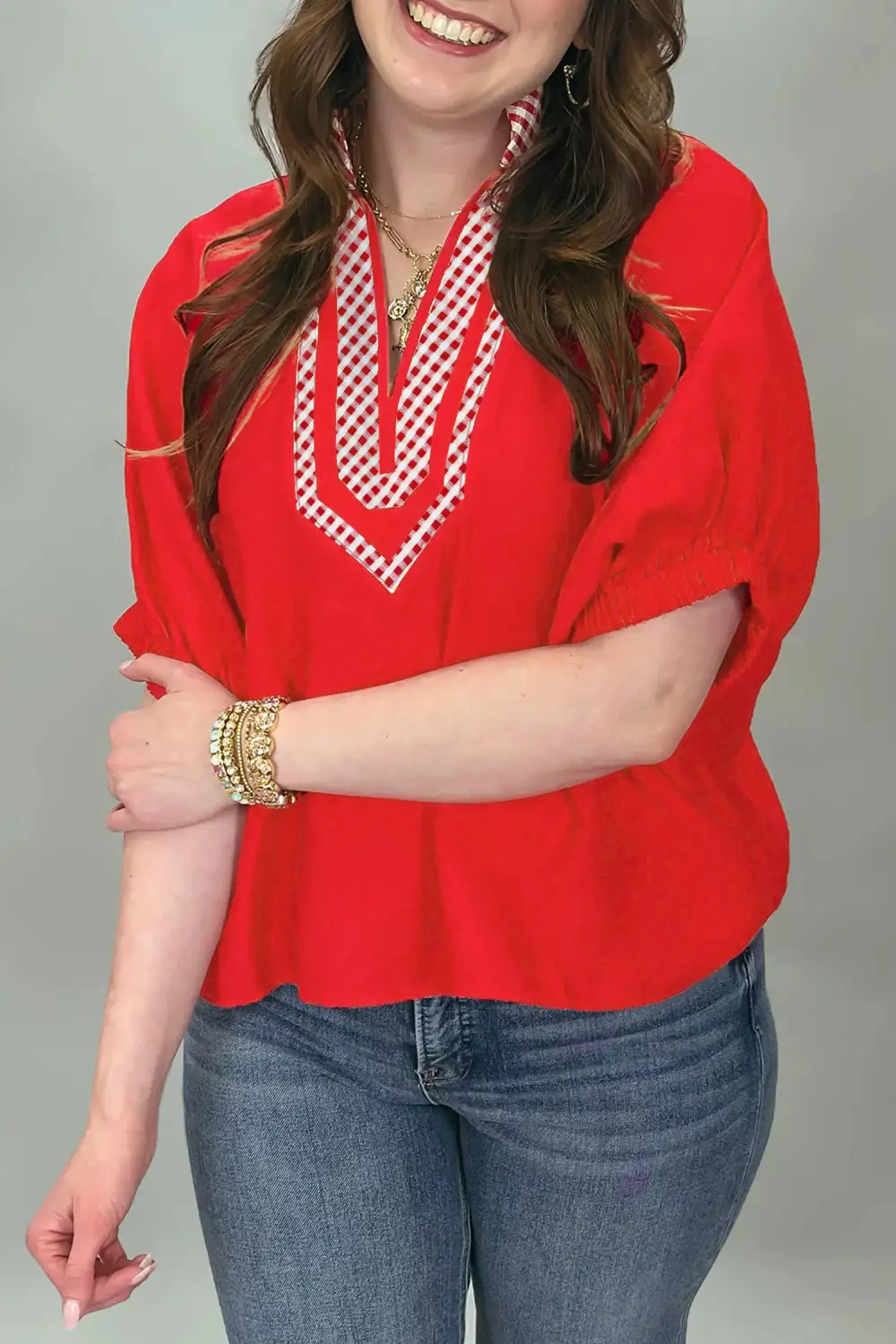 Women's Plaid V Neck Tunic Top
