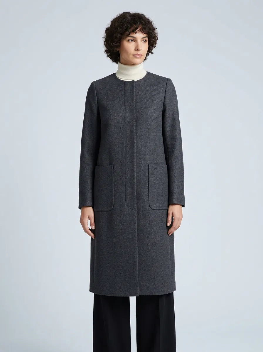 Women's Minimalist Charcoal Gray Wool Blend Collarless Coat