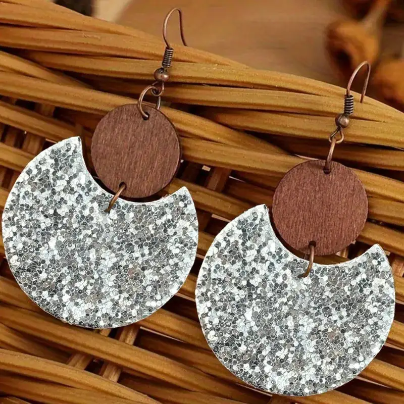 Classic Wooden Circle Sparkling Statement Earrings