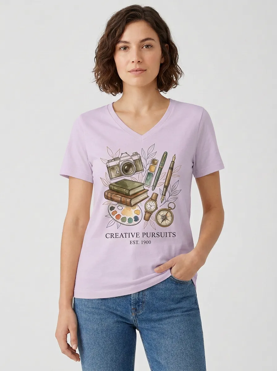 Women's Artist Creative Pursuits Camera Books Watercolor Graphic V-Neck T-Shirt