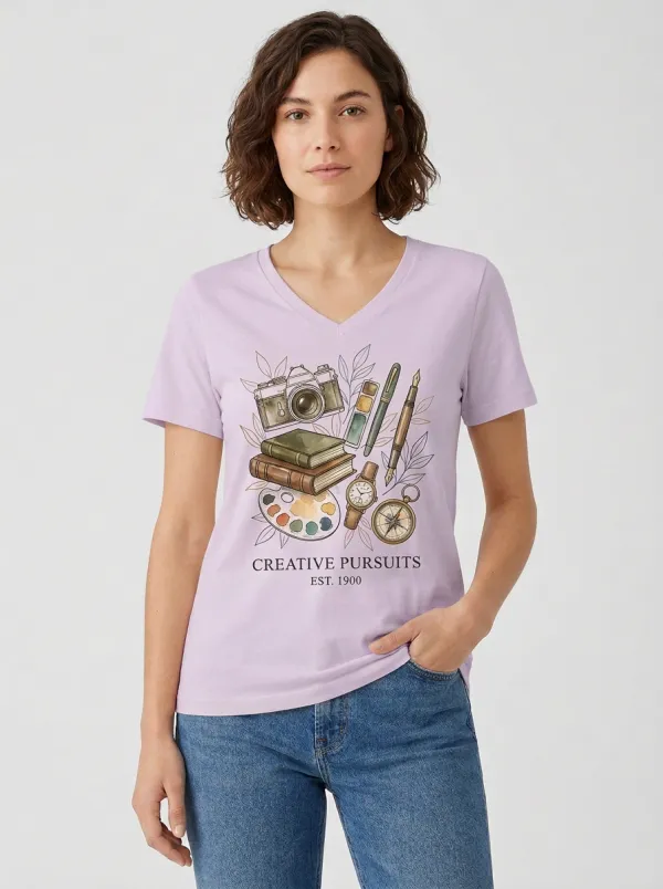 Women's Artist Creative Pursuits Camera Books Watercolor Graphic V-Neck T-Shirt