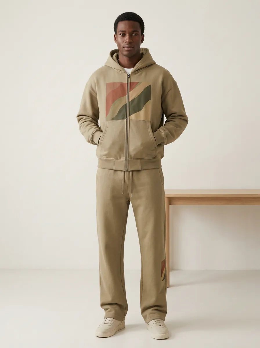 Men's Abstract Wave Pattern Printed Zip-up Hoodie Sweatsuit Modern Pattern