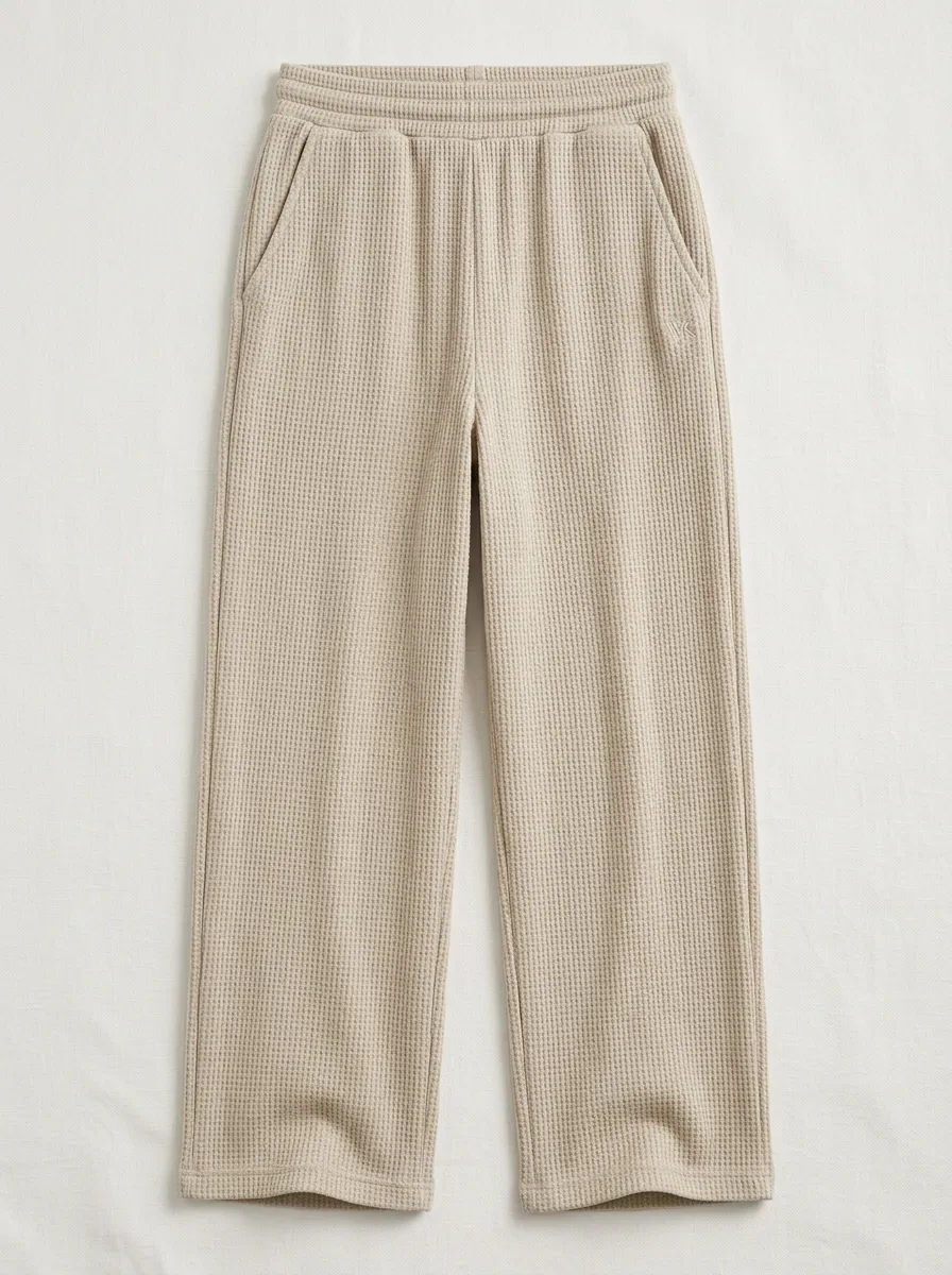 Everyday Casual Unisex Casual Beige Waffle Knit Elastic Waist Lounge Pants