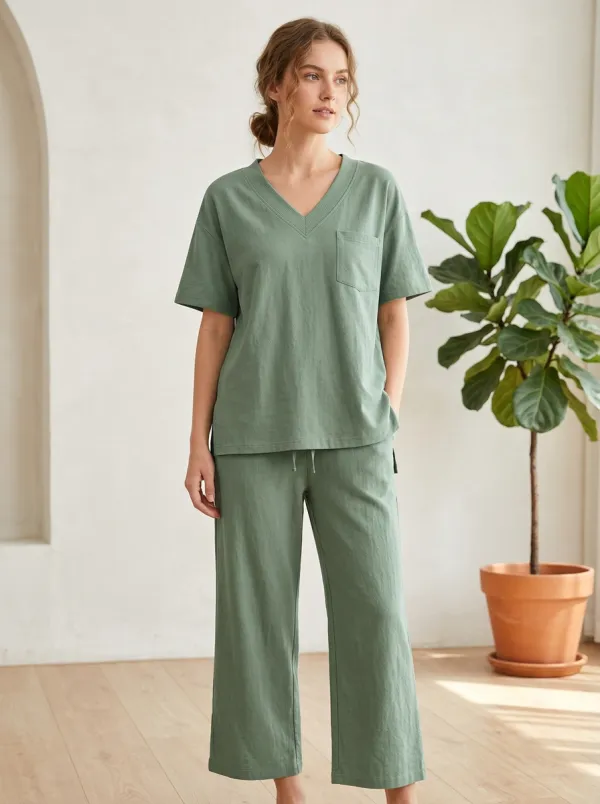 Pocket Ribbed Women's V-Neck Shirt