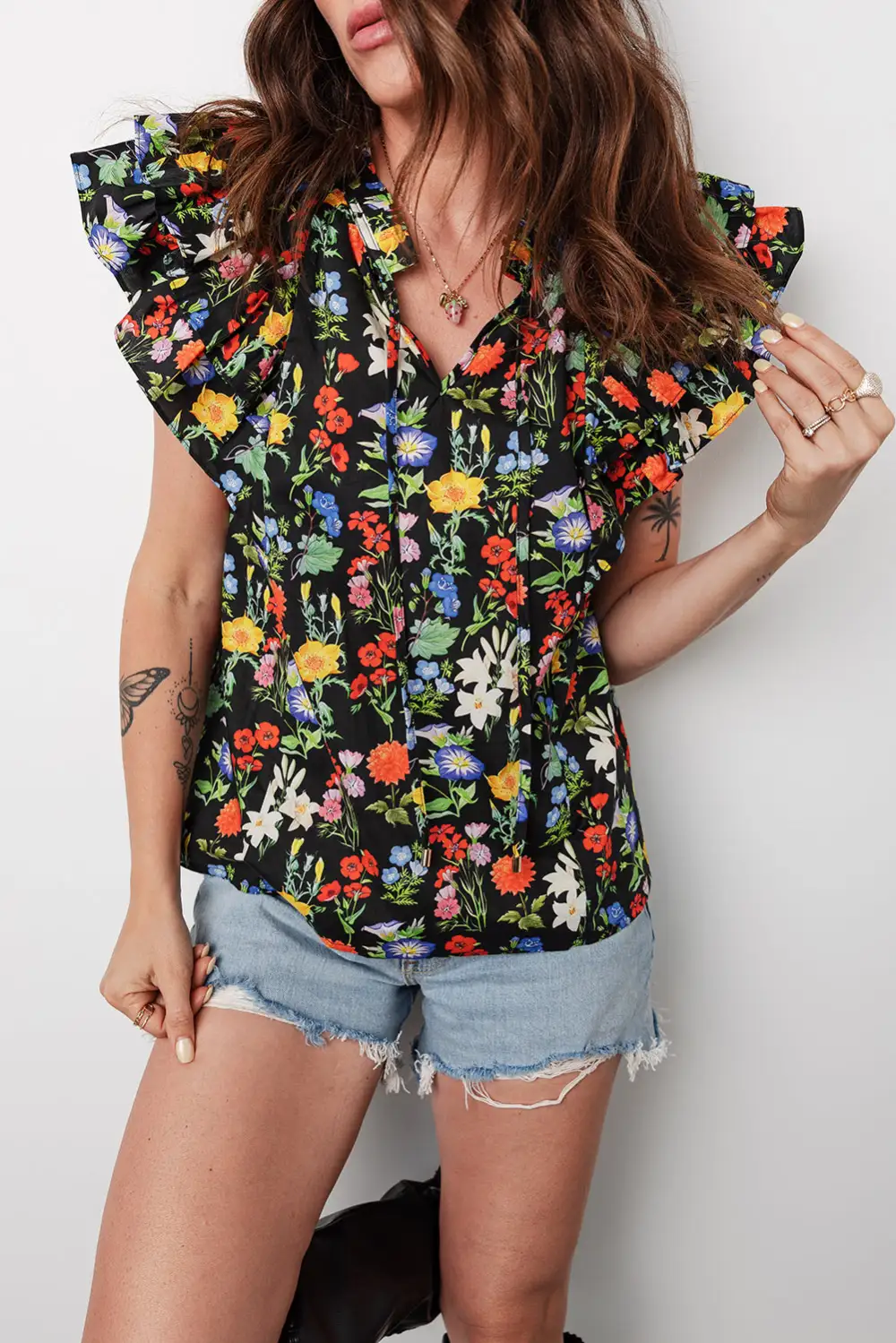 Women's Flower Motif V Neck Flutter Sleeve Top