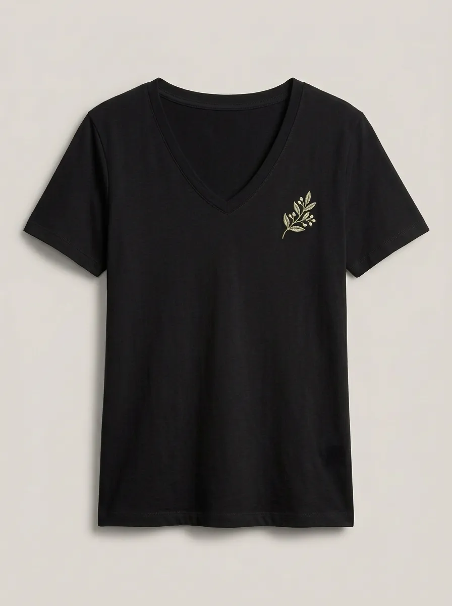 Women's Botanical-Embroidered Regular-Fit V-Neck T-Shirt