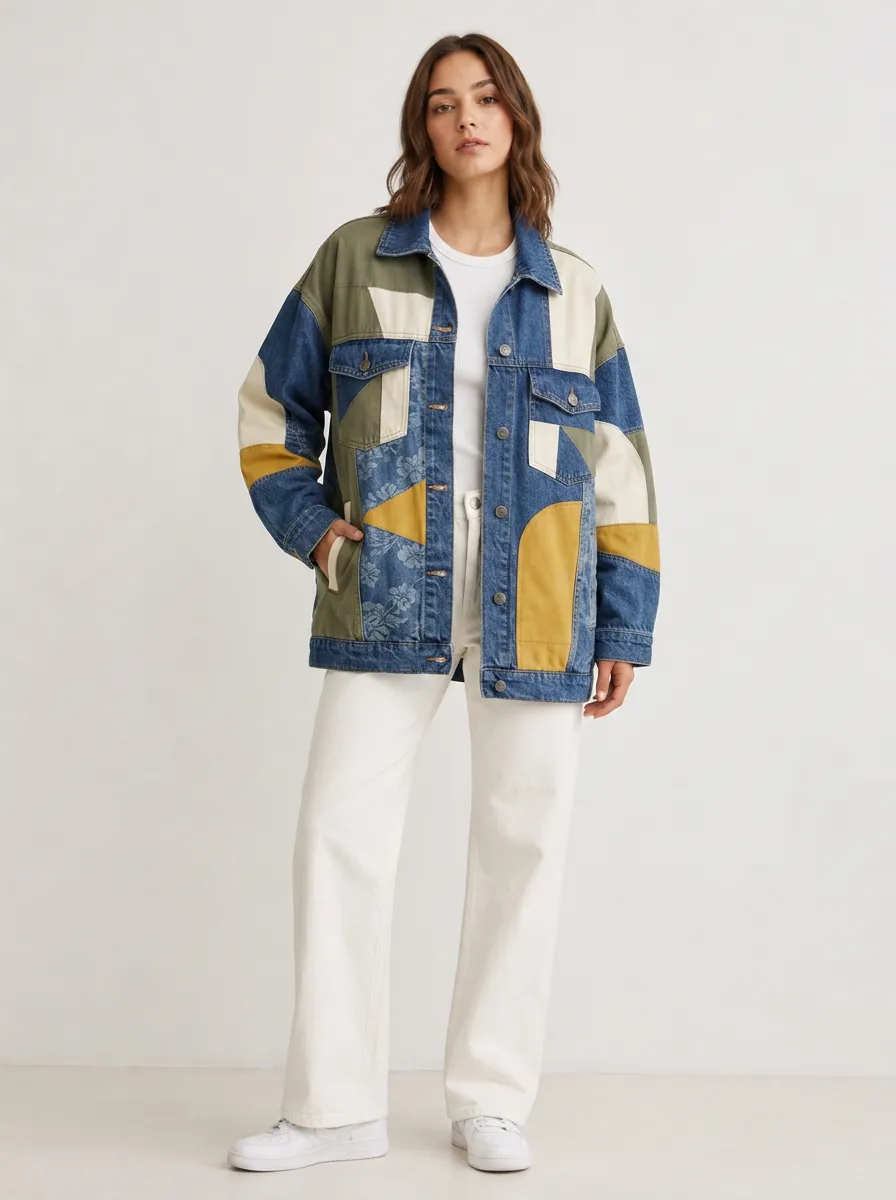 Women's Vintage Style Floral Patchwork Denim Printed Jacket