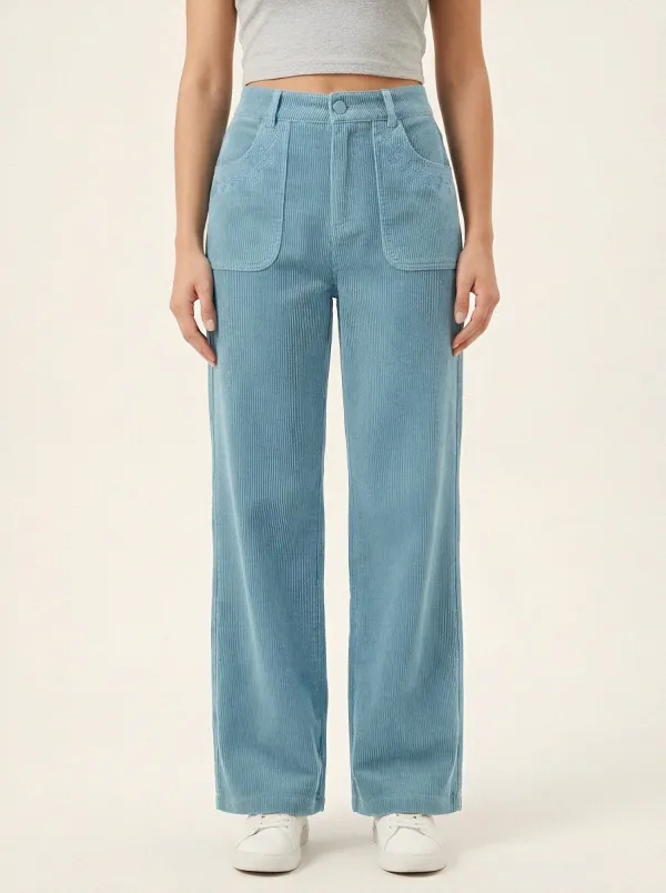 Women's Floral Embroidered Patch-Pocket Wide-Leg Corduroy Pants