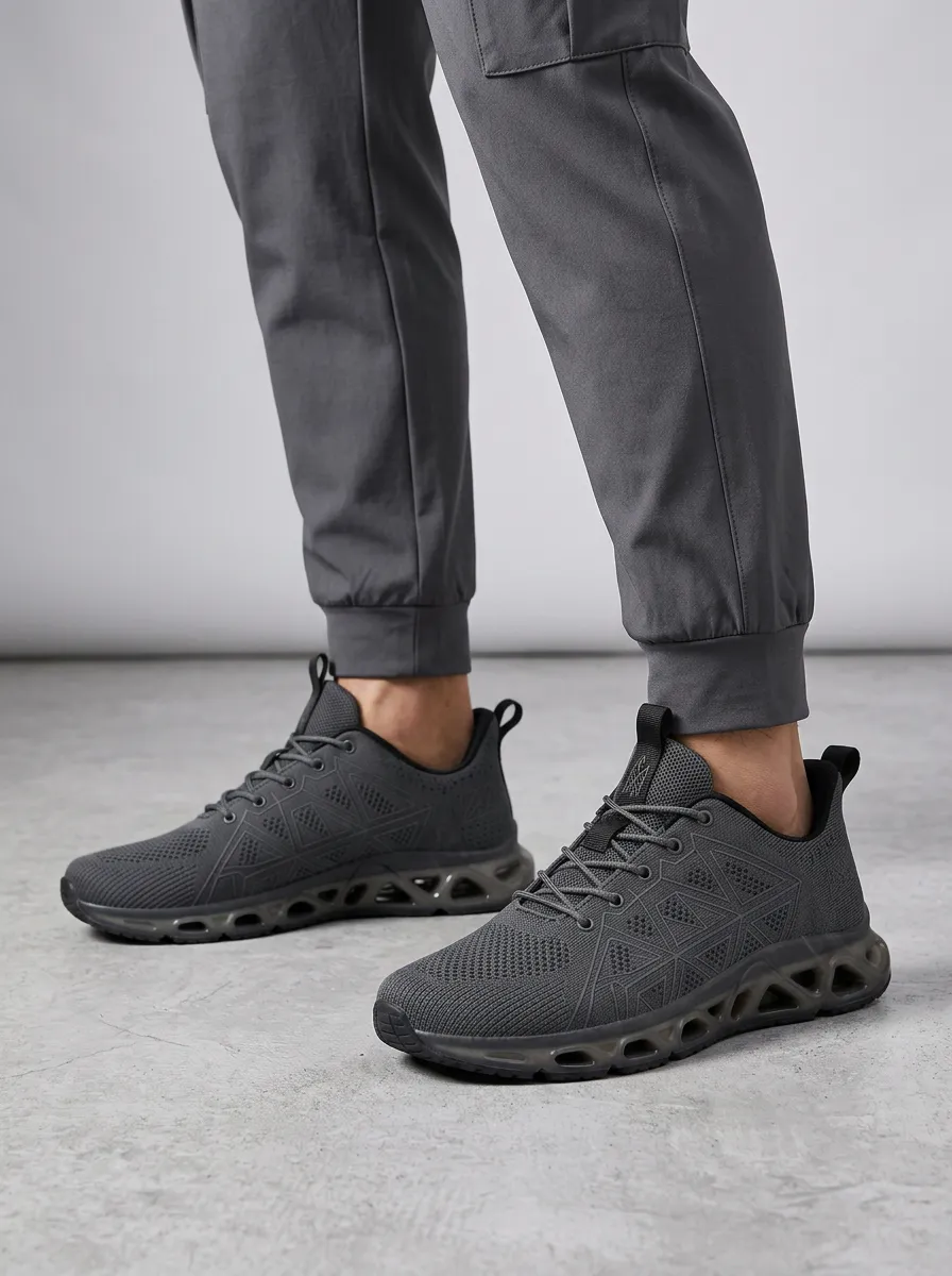 Men's Dark Grey Geometric Pattern Athletic Sneakers