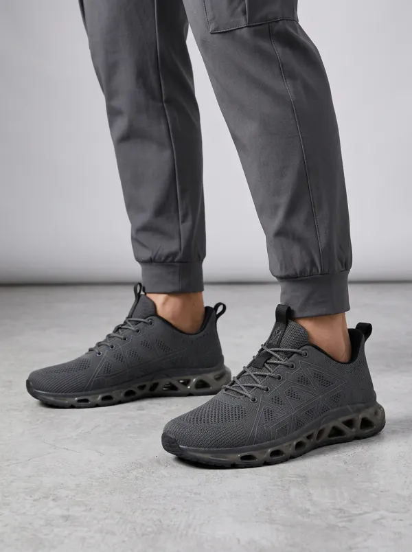 Men's Dark Grey Geometric Pattern Athletic Sneakers