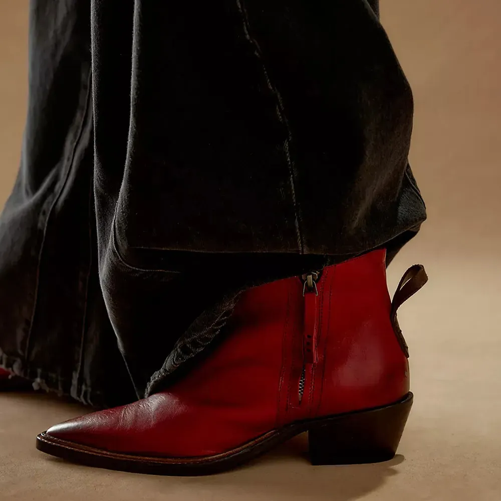 Faux-Leather Zip-Up Pointed-Toe Block-Heel Ankle Boots