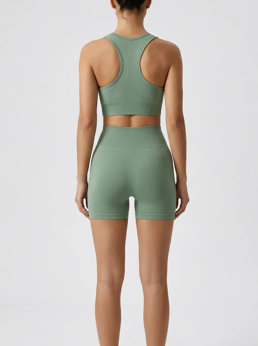 Practical Ribbed Texture Seamless Design Look Women's Tank Top And Sports Shorts Set
