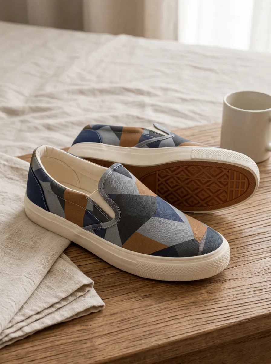 Men's Geometric Pattern Blue Brown Printed Canvas Shoes