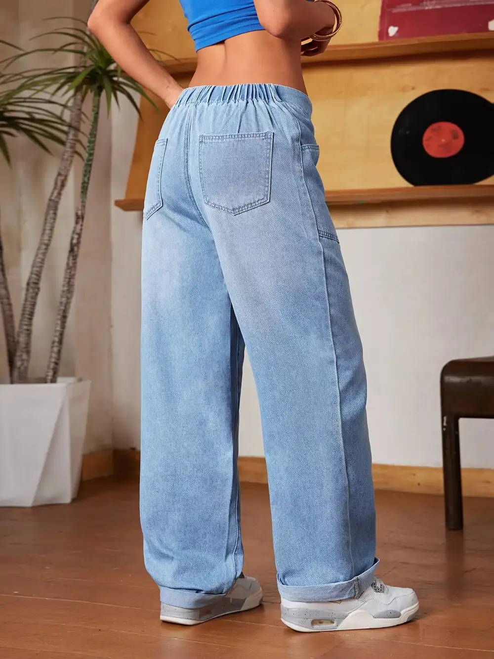 Contoured Wide Leg Drawstring Denim Jeans