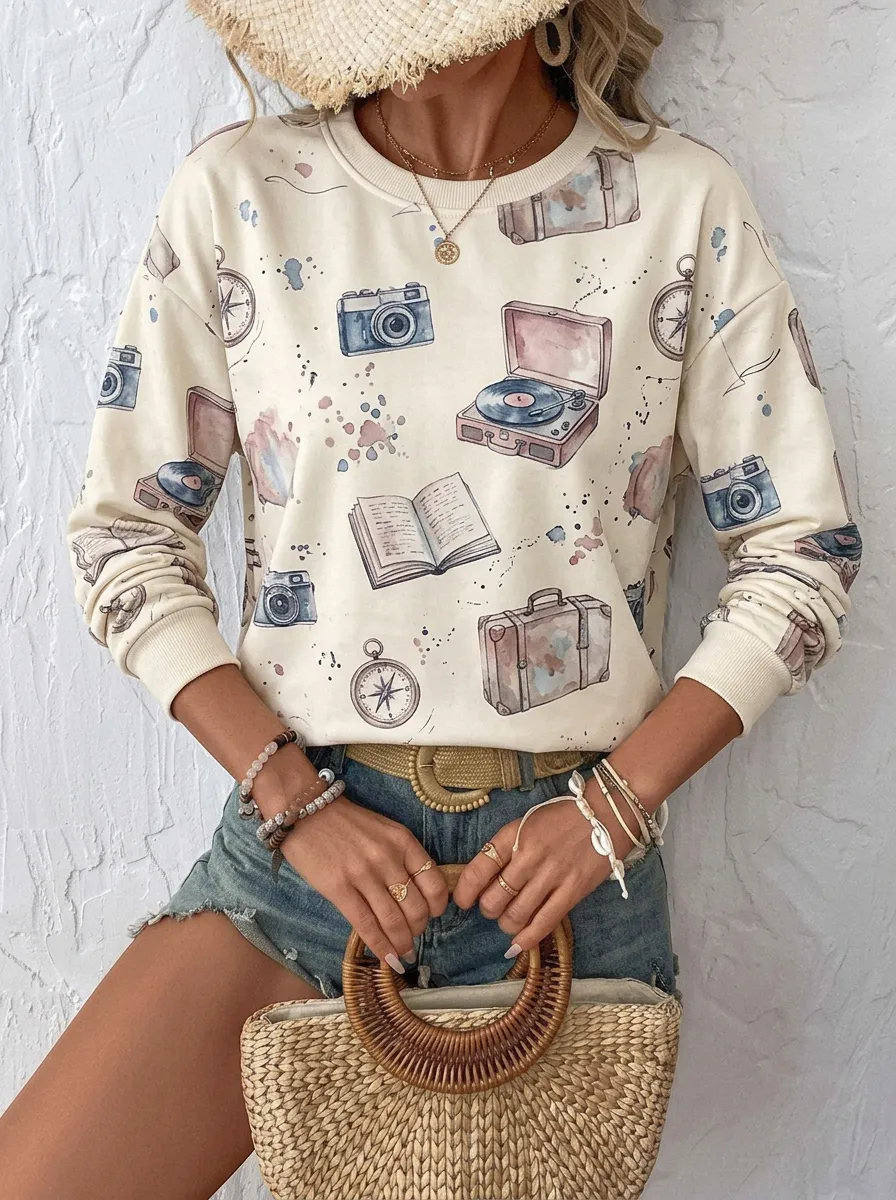 Women's Travel Lover Camera Record Book Printed Sweatshirt