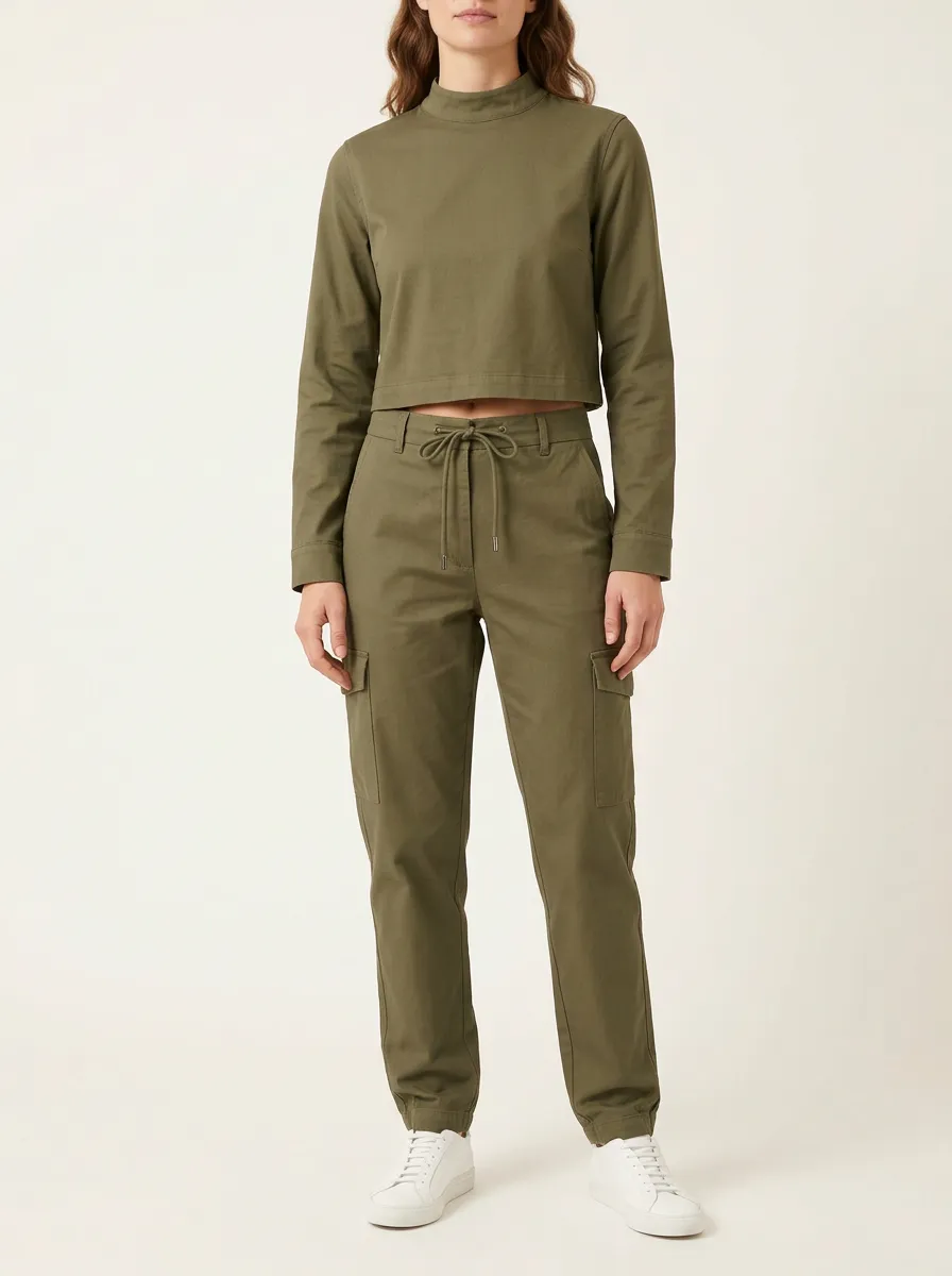 Women's Mock-Neck Crop Top and Flap-Pocket Cargo Jogger Set