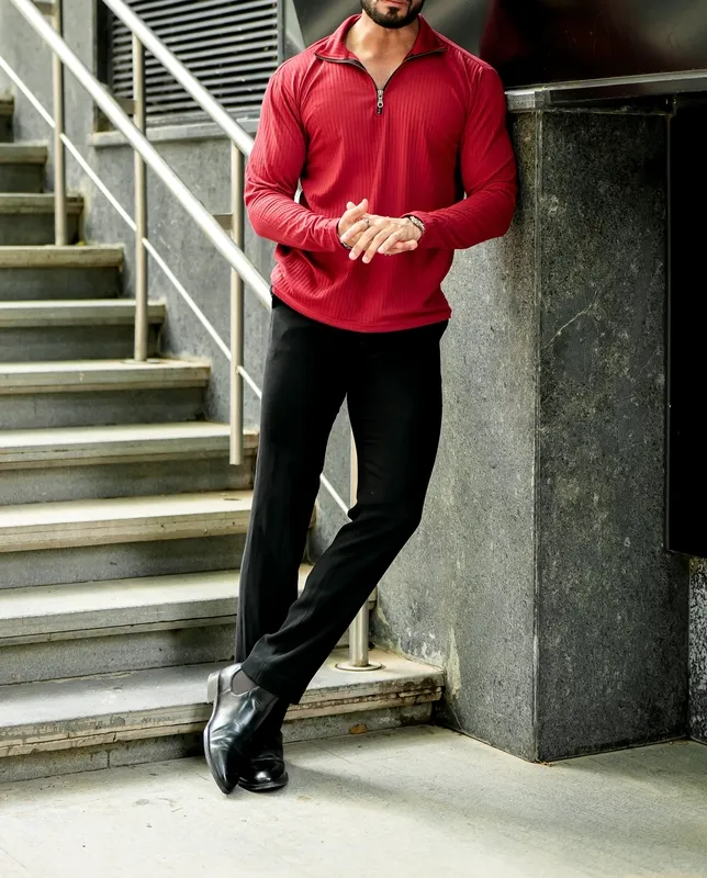 Maroon Long Sleeve Henley Casual Shirt