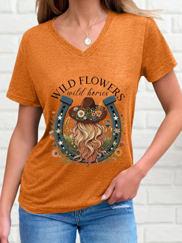 Women's Wildflower Pattern V-Neck Short Sleeve T-Shirt