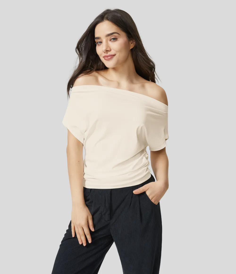 Off Shoulder Short Sleeve Ruched Casual Cotton Top