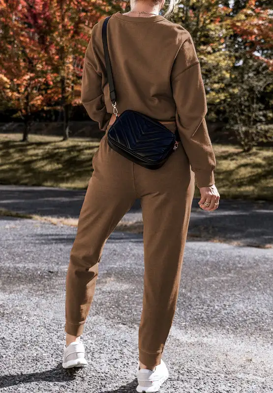 Side Slit Round Neck Long Sleeve Top And Pants Set