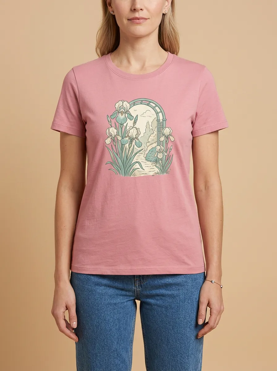 Women's Crewneck Graphic Floral-Motif Ribbed T-Shirt