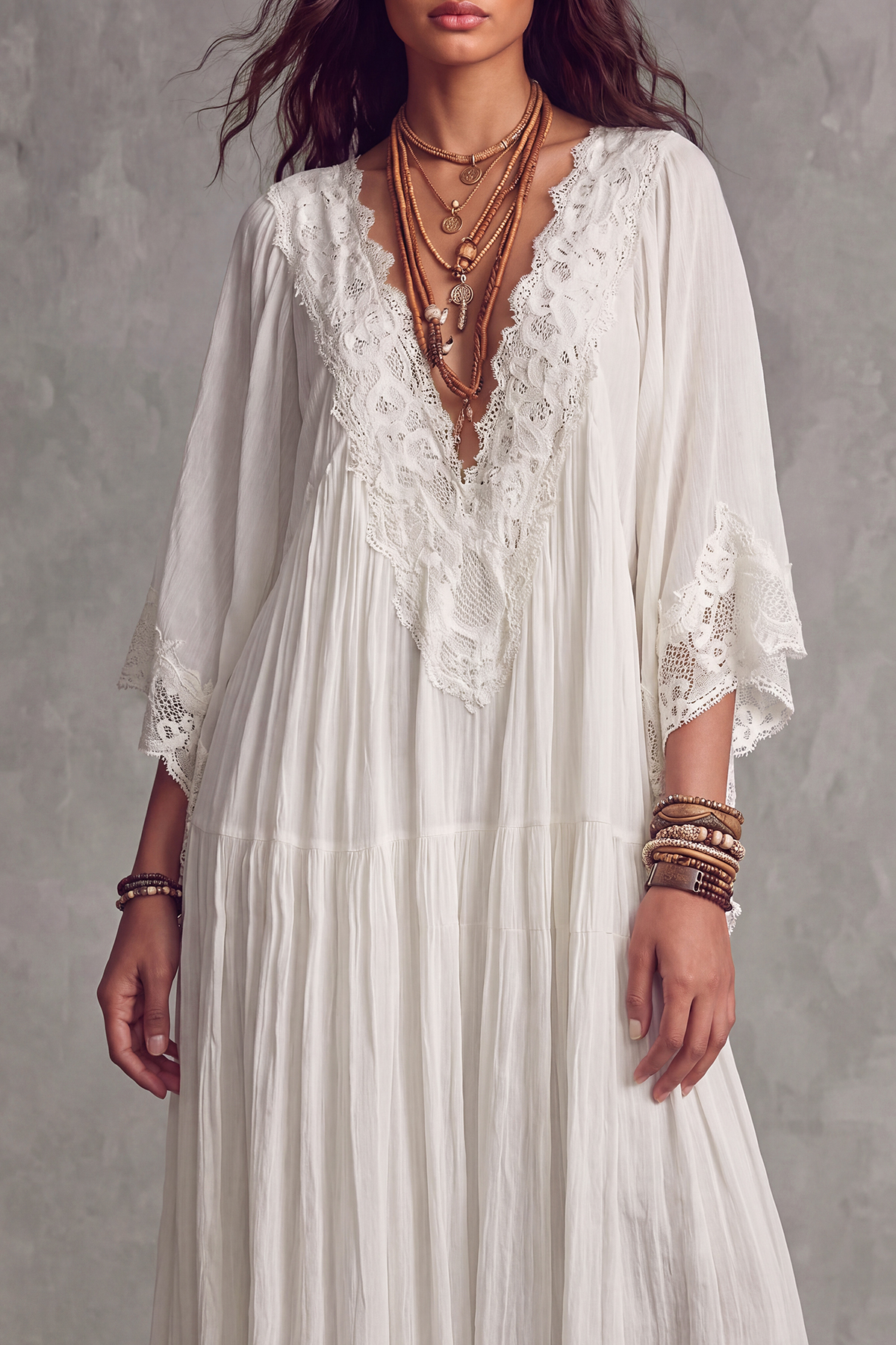 Plunge Neck Lace Trim Lace Maxi Dress