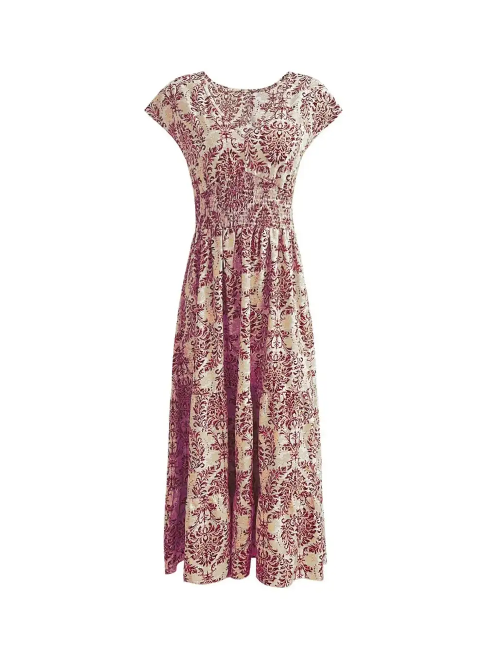 Printed V-Neck Cap Sleeve Maxi Dress