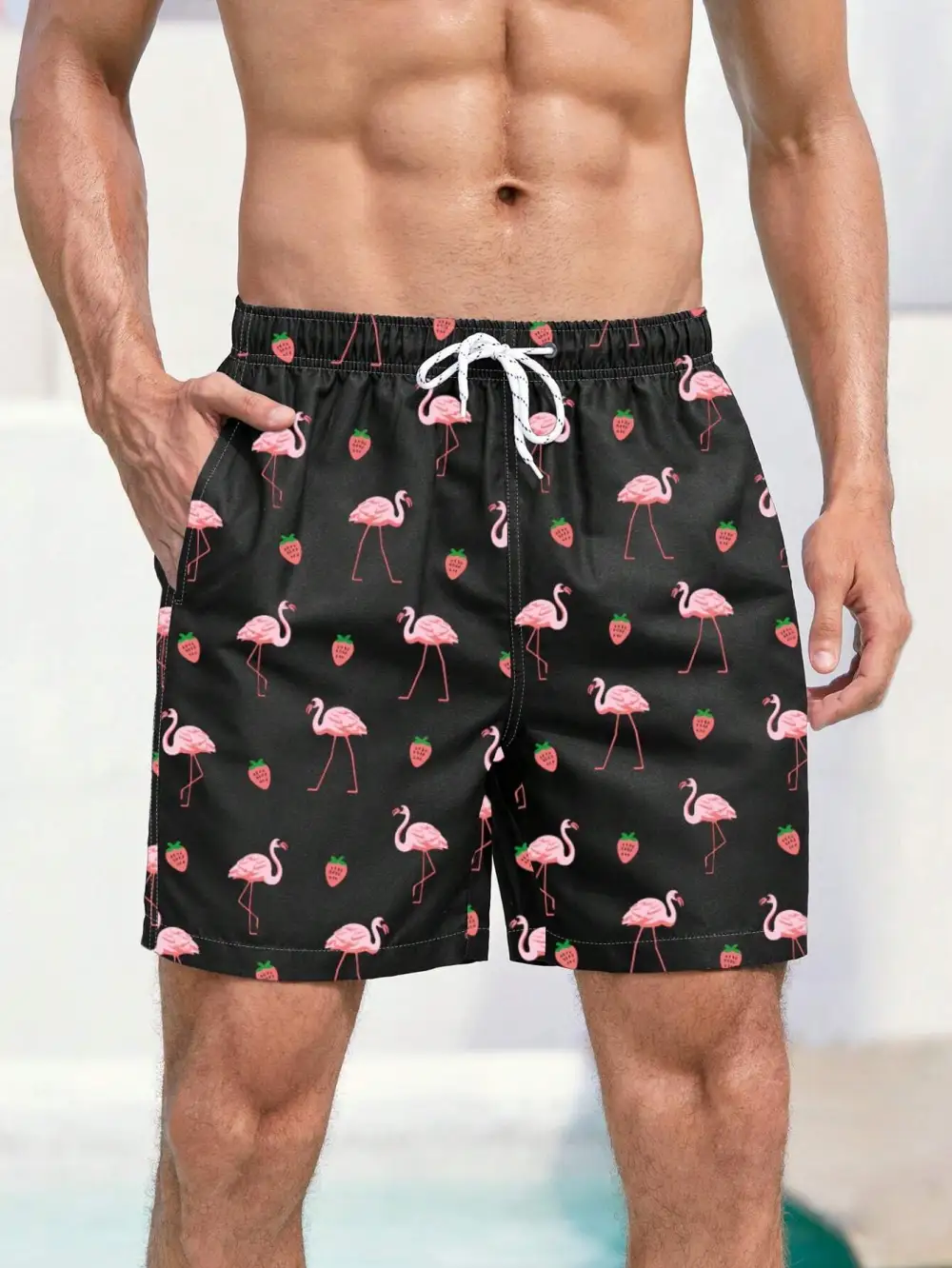 Men's Boho Flamingo Drawstring Allover Print Beach Shorts