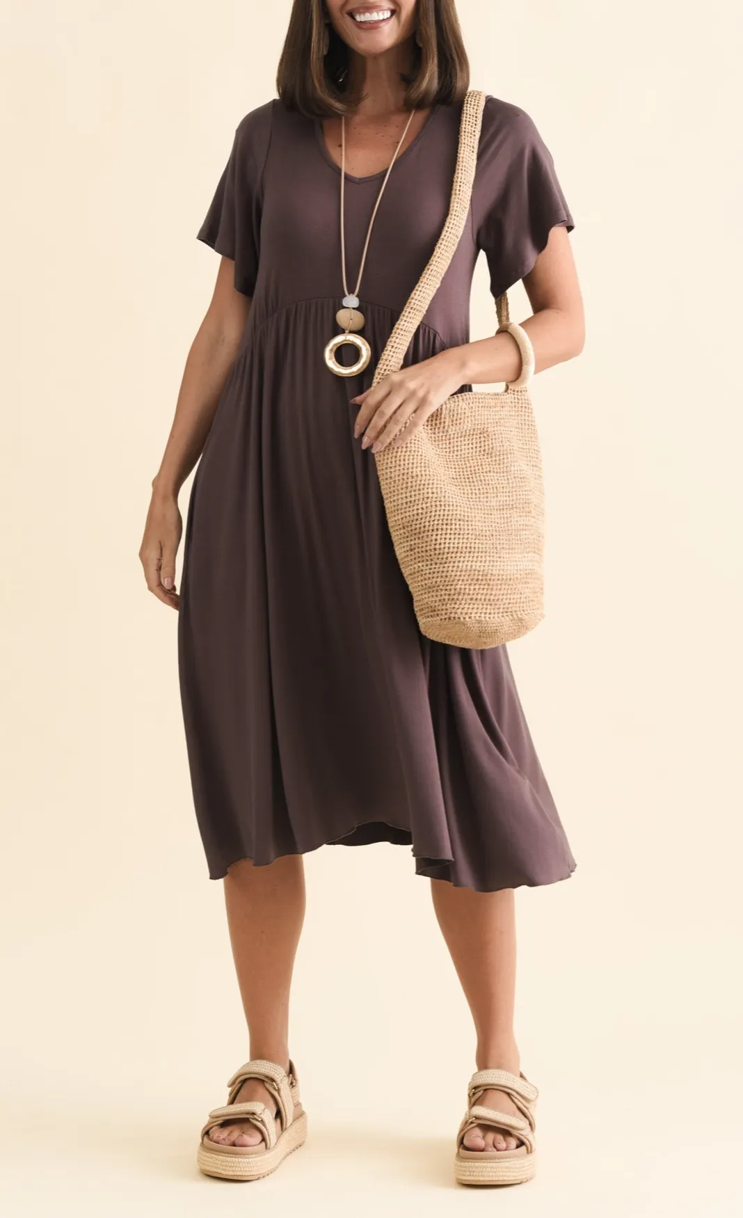 Viscose Gathered Pocket V-Neck Short-Sleeve A-Line Below-Knee Dress