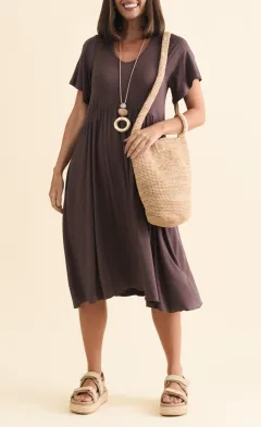 Viscose Gathered Pocket V-Neck Short-Sleeve A-Line Below-Knee Dress