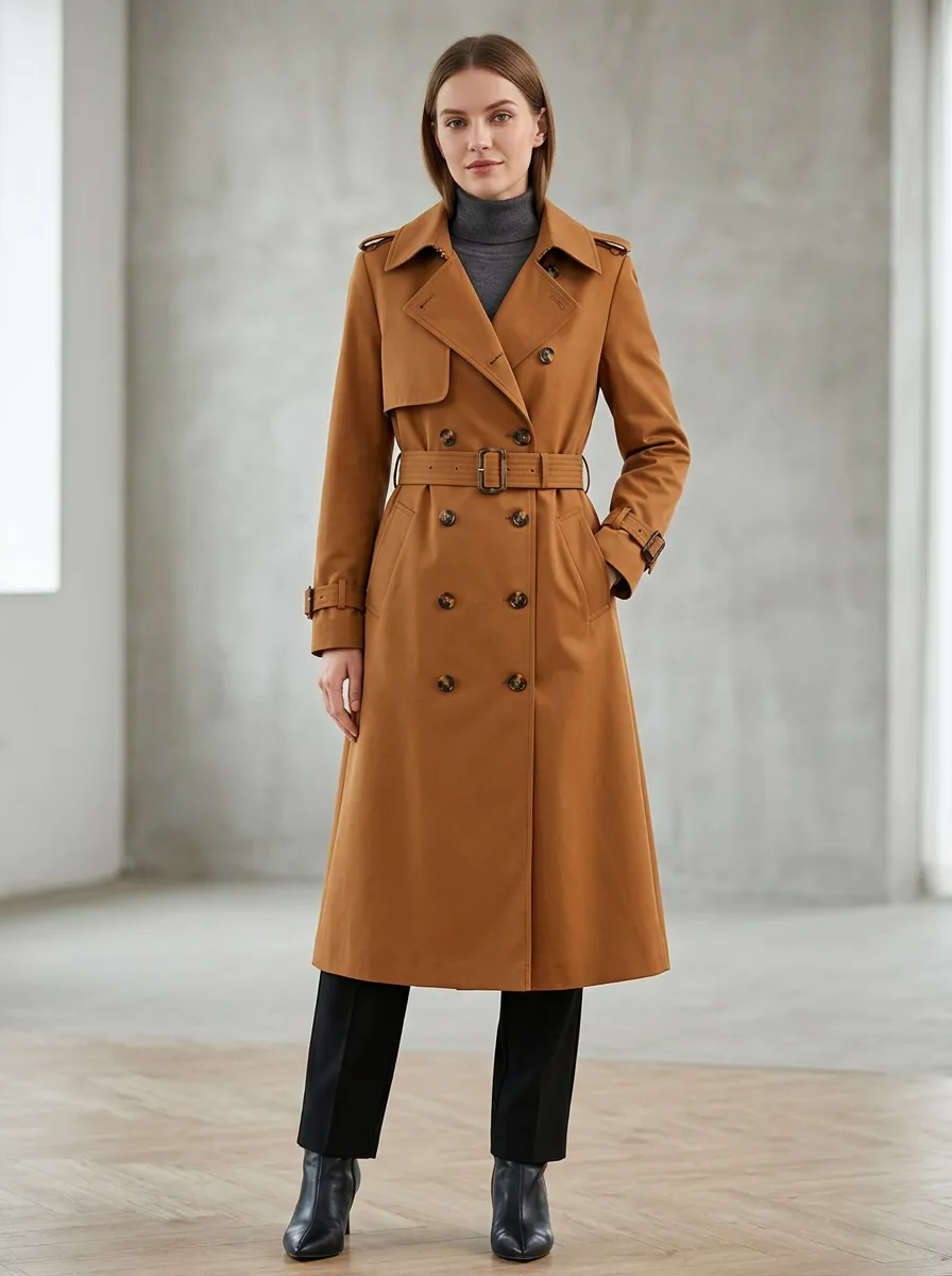 Women's Polished Double-Breasted Belted Classic Long Trench Coat