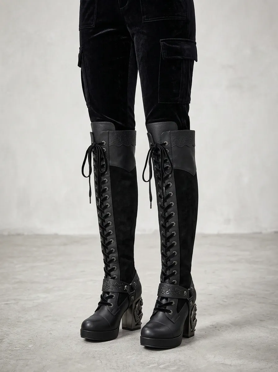 Gothic Revival Skull Rose Lace Gothic Edit Women's Gothic Platform Knee High Boots