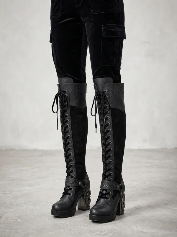 Gothic Revival Skull Rose Lace Gothic Edit Women's Gothic Platform Knee High Boots