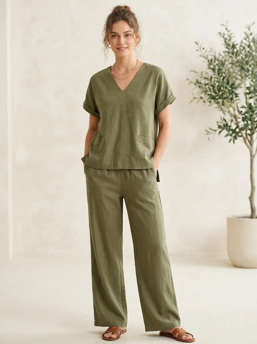 Short-Sleeve Linen-Blend Relaxed Women's V-Neck Casual Lounge Set