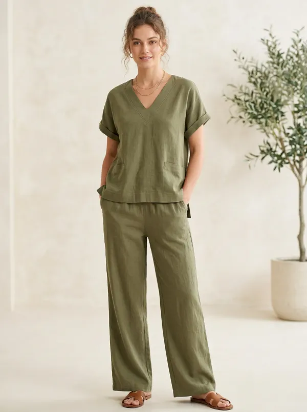 Short-Sleeve Linen-Blend Relaxed Women's V-Neck Casual Lounge Set