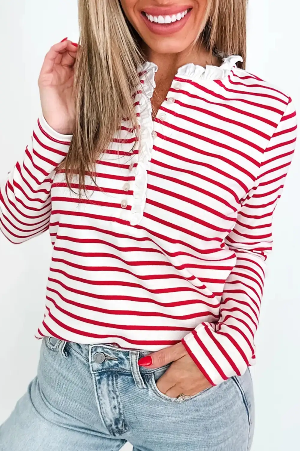 Women's Striped Long Sleeve Contrast Trim Top