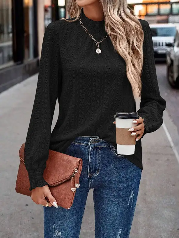Long Sleeve Relaxed Elasticity Jacquard Pleat Detail Mock Neck T-Shirt