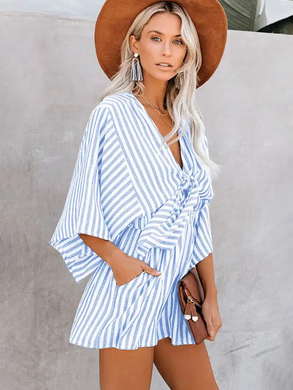 Slim Waist Striped Deep V Trumpet Jumpsuit