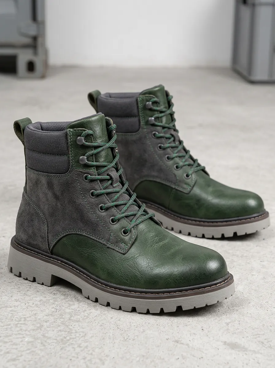 Men's Suede Look Green Lace Up Combat Boots